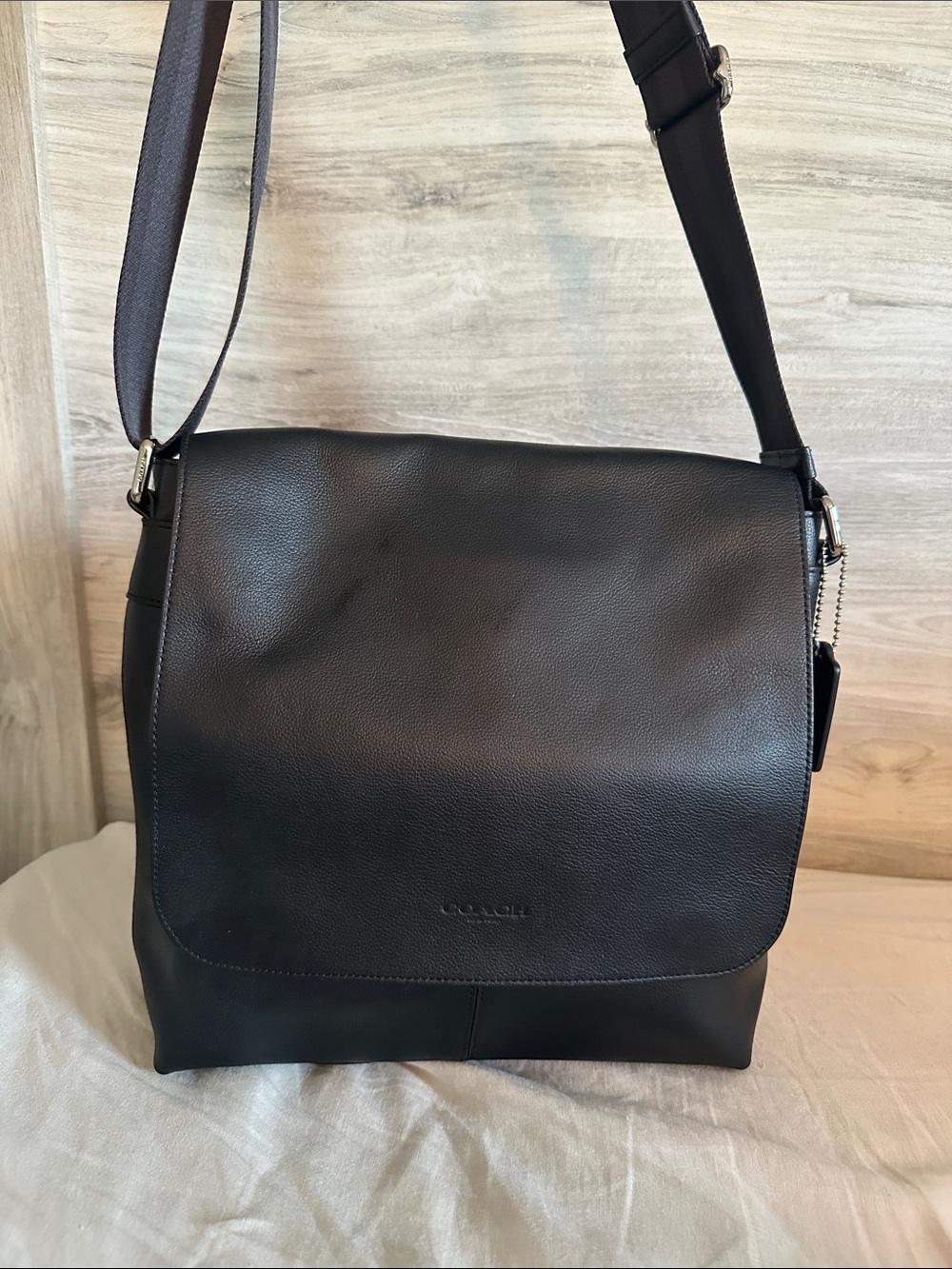 Coach Black Leather Flap Messenger Bag